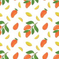 Mango fruits seamless pattern, mango on brancehs, slices of mango. Tropical fruit pattern on a white background vector