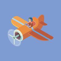 Cartoon-style orange crop duster airplane with propeller and pilot inside, illustrated in isometric view on a neutral gray background. Perfect for game dev, farming, or educational design projects. vector