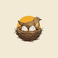 Bird on a nest with eggs logo design vector