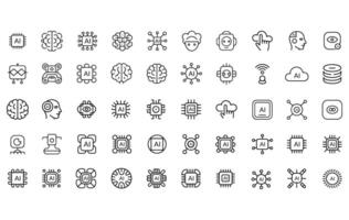 Artificial Intelligence Line , Icon Set, 50 AI Icons Featuring Neural Networks, Machine Learning, Cloud Computing, Robotics, Data Analysis, and Modern Tech Elements in Stroke Style, AI icon set. vector