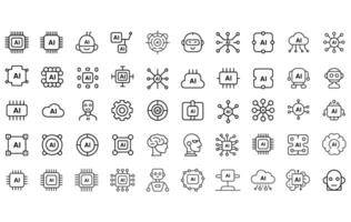 Artificial Intelligence , Icon Set in Line Art Style, 50 AI and Machine Learning Icons Including Neural Networks, Robots, Data Analysis, Chips, Automation, and Cloud Computing, AI icons set. vector