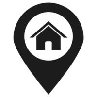 Black house icon inside location pin representing real estate and property vector