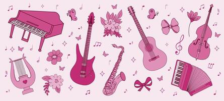 Girly pink cute seamless pattern with floral elements and classical musical instruments. vector