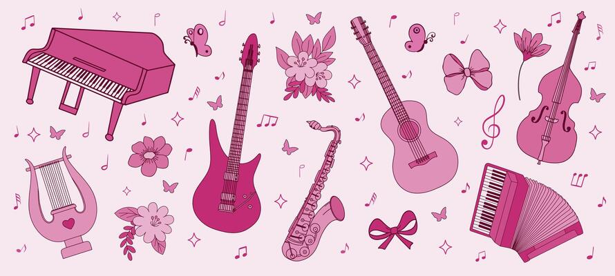 Girly pink cute seamless pattern with floral elements and classical musical instruments.