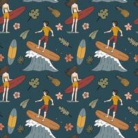 Summer mood, surfing seamless pattern in retro style vector