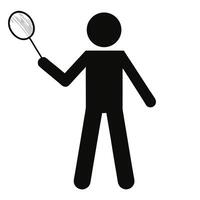 Badminton Player Stick Figure Holding A Racket Ready To Serve On A White Background vector