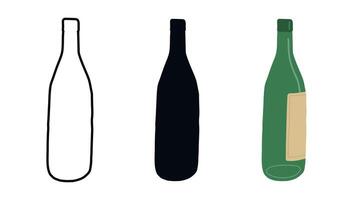 Minimalist Glass Empty Wine Bottle Art in Outline, Silhouette, Colored Styles. Concept of Beverage Packaging, Beer Bottle Design, Simple Modern Graphics. Isolated on White Background. Set vector