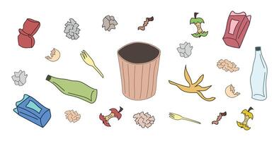 Set of Garbage Bin with Various Waste trash Items. Crumpled Paper, Banana Peel, Apple Cores, Broken Bottles. Concept of Recycling, Waste Management, Environmental Awareness, Cleanup. White Background vector