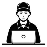 Black And White Illustration Of Man Working On Laptop Computer vector