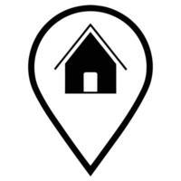 Black house icon inside a location pin on a white background vector