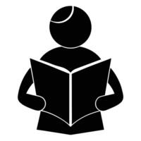 Black and white illustration of a person reading an open book simplified vector