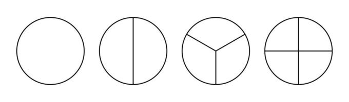 Divided circle in one, two, three, four segments. Pie, pizza round shape cut in 1,2,3,4 equal slices. Outline style. Black minimalist line chart. vector