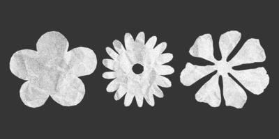 Wildflower flat silhouettes with crumpled paper texture on dark background. Stickers set with jagged torn edges from notebook, gritty dotted texture, halftone design. vector