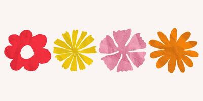 Set of decorative floral silhouettes with jagged torn edges. Elements with crumpled paper texture and halftone gritty effect, designed for collage art and minimalistic banners. vector