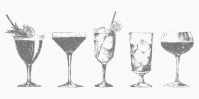 Classic cocktails and drinks, hand drawn with grunge style noisy gritty dot halftone effect. Retro pop art stipple sketch for bar menus and posters, Italian style. vector