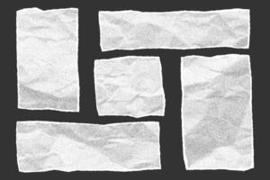 Set of crumpled torn paper fragments shaped as rough rectangles. Elements with jagged torn edges, textured notebook sheets with gritty dotted halftone effect, irregular text box. vector
