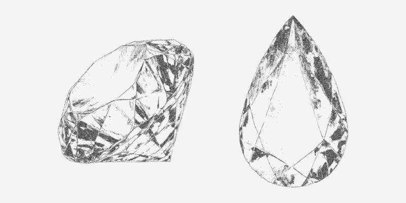 Diamond hand drawn illustration with noisy gritty dot halftone effect. Retro sketch set in pop art style, grunge texture, stylish banner for jewelry store or fashion branding, bitmap.