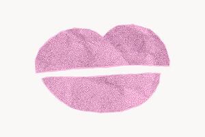 Bold geometric lips form with jagged torn edges on white background. Sticker made of pink crumpled paper with gritty halftone texture, notebook sheet. vector