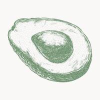 Halved avocado with green noisy gritty halftone shading. Stipple retro sketch, fashionable banner in pop art style, food element for breakfast cafe and restaurant illustrations. vector