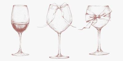 Collection of festive Italian style cocktails with bow and ribbons. Drinks in vintage ink sketch, coquette style. Noisy gritty dot halftone texture, retro pop art stipple illustrations for menus. vector