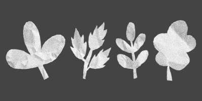 Set of leaf silhouettes with jagged torn edges. Crumpled paper texture, collage elements for banners and posters, gritty halftone cutout shapes in different sizes. vector