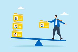 Flat illustration of human resource manager balancing candidate profile folders on seesaw to sort applicants for recruitment decision and onboarding approval vector
