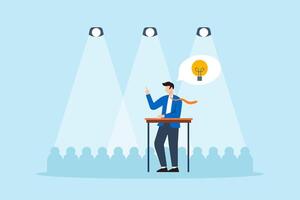 Flat illustration of businessman presenting innovative idea on stage with lightbulb speech bubble and spotlight in front of audience during business talk or seminar vector