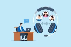 Flat illustration of call center operator assisting clients remotely with headset and laptop in virtual communication support vector