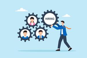 Flat illustration of human resource manager assembling hiring gear with candidate profile cogs to represent teamwork and process integration in business recruitment vector