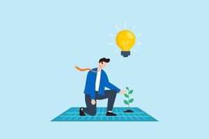 Flat illustration of businessman planting seedling in digital soil under lightbulb symbolizing growth of innovation and technology vector
