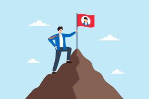 Flat illustration of human resource manager planting final candidate flag on mountain peak to symbolize successful hiring after interview evaluation vector