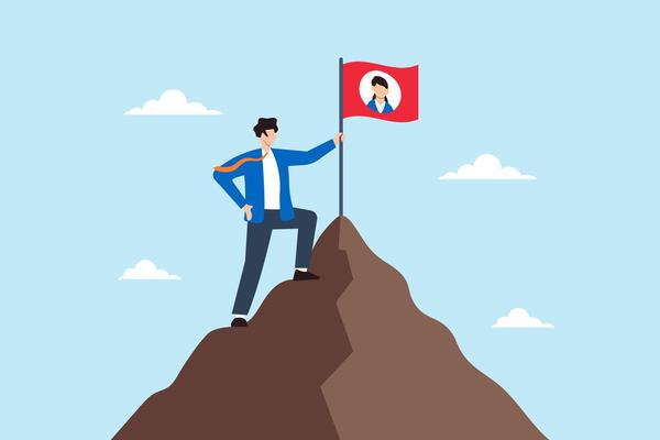 Flat illustration of human resource manager planting final candidate flag on mountain peak to symbolize successful hiring after interview evaluation