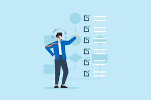 Flat illustration of consultant communicating task checklist during voice call using headset in business workflow system vector