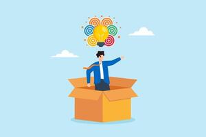 Flat illustration of creative businessman releasing colorful inspiration from cardboard box with glowing lightbulb representing thinking outside vector