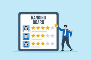 Flat illustration of human resource manager placing rating stars next to candidate avatars on ranking board to evaluate interview selection and onboarding priority vector