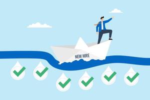 Flat illustration of human resource manager navigating paper boat labeled new hire across onboarding journey with checklist milestones on HR roadmap vector