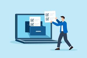 Flat illustration of remote employee inserting checklist files into digital cabinet drawer for task archive and project management vector
