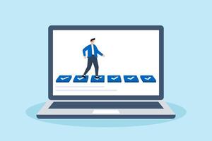 Flat illustration of freelancer stepping on checklist tiles in digital workspace to symbolize progress in online task management and productivity vector
