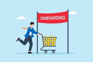 Flat illustration of human resource manager pushing trolley full of candidate files toward onboarding finish line in recruitment process vector