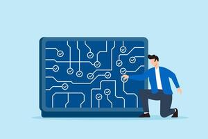 Flat illustration of remote worker connecting checklist circuits on digital motherboard to represent task alignment and project tracking system vector