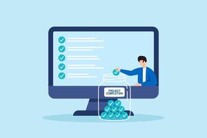 Flat illustration of remote worker filling jar with completed task marbles to measure project completion in digital productivity system vector