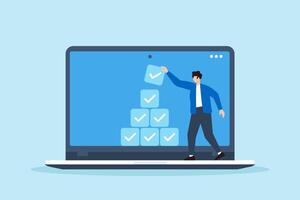 Flat illustration of freelancer stacking completed tasks like building blocks in virtual workspace to represent productivity and project organization vector