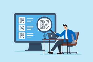 Flat illustration of remote worker scanning QR checklists with magnifying glass in digital workspace for task verification and data tracking vector