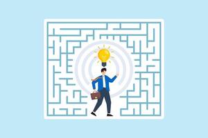Flat illustration of businessman navigating maze to reach bright lightbulb representing journey of problem solving and strategic thinking vector