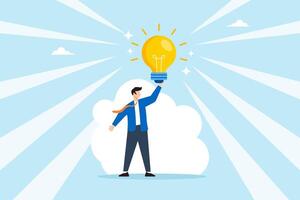 Flat illustration of businessman unlocking bright glowing idea symbolizing creative inspiration and breakthrough moment vector