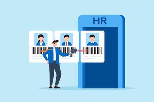 Flat illustration of human resource manager scanning candidate barcodes before entering HR gateway as part of automated hiring and onboarding verification process vector