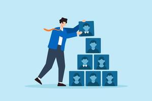 Flat illustration of human resource manager stacking applicant profile cards like building blocks to complete hiring structure and streamline onboarding workflow vector