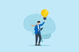 Flat illustration of businessman raising bright lightbulb while holding tablet in front of large brain symbolizing creative thinking and innovation in digital brainstorming vector