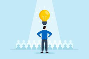 Flat illustration of businessman under spotlight with glowing lightbulb symbolizing breakthrough idea in front of audience vector
