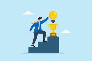 Flat illustration of businessman placing glowing lightbulb on golden trophy pedestal to celebrate successful innovative problem solving vector